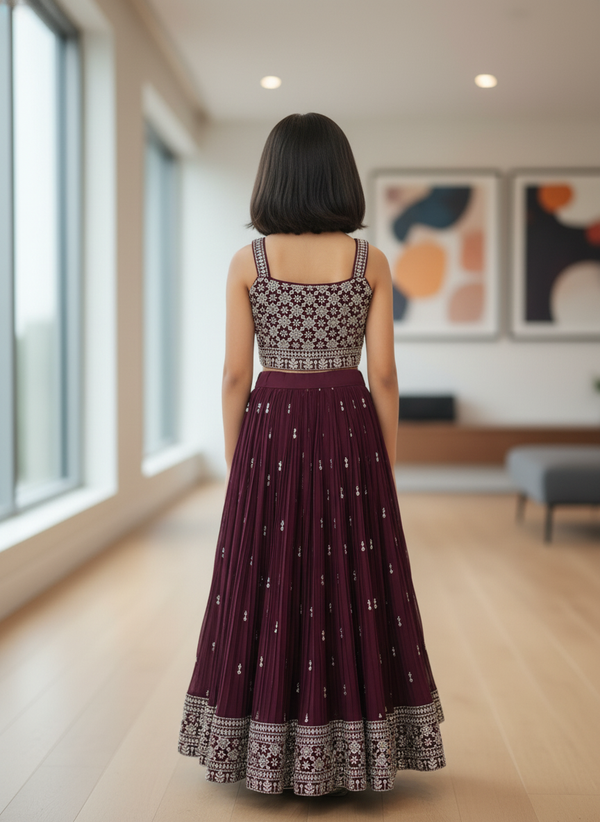 Girls' Maroon Embroidered Lehenga Set| 3006