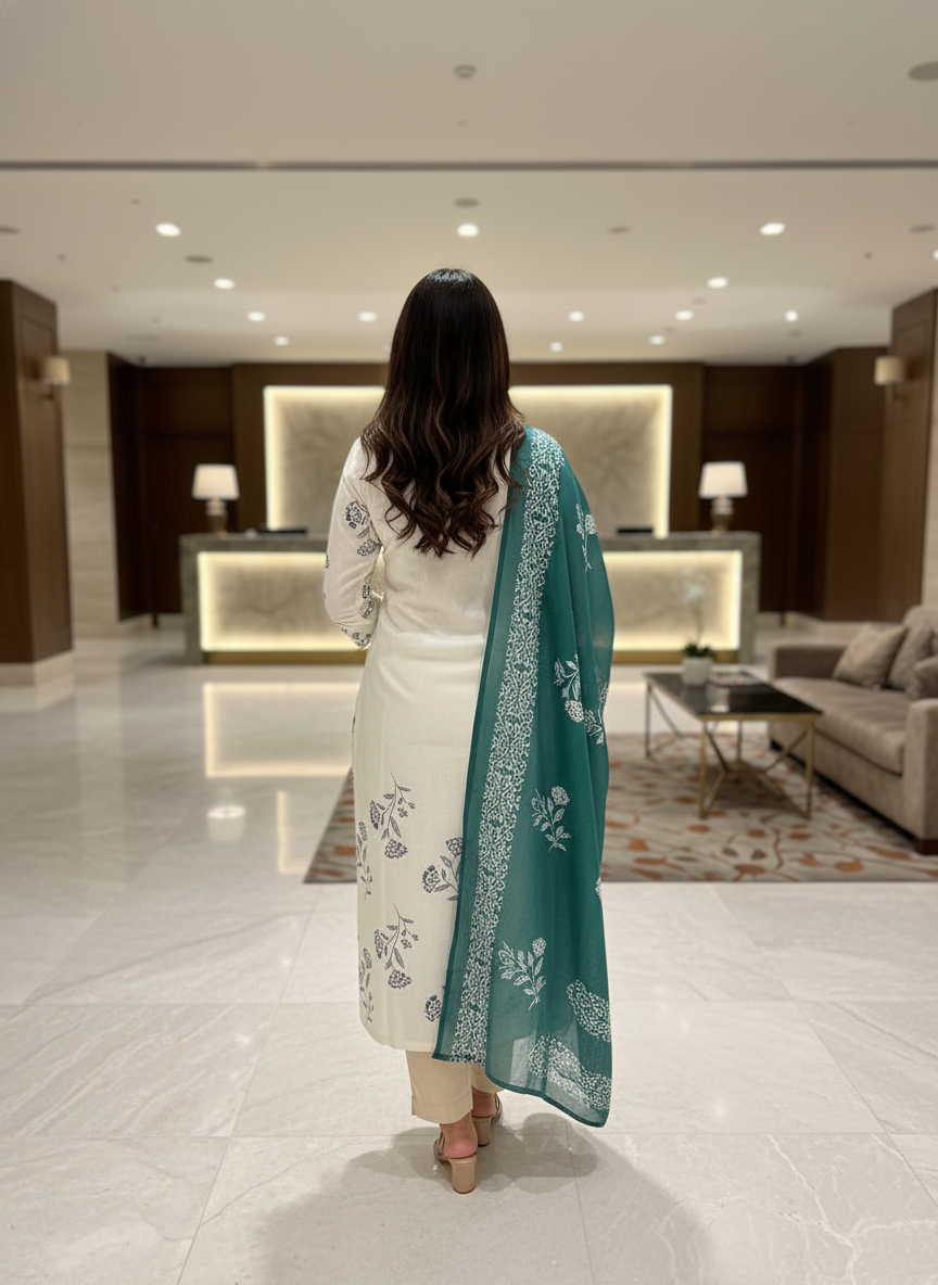 Cream Cotton Printed straight cut kurta with Dupatta| AS-00152