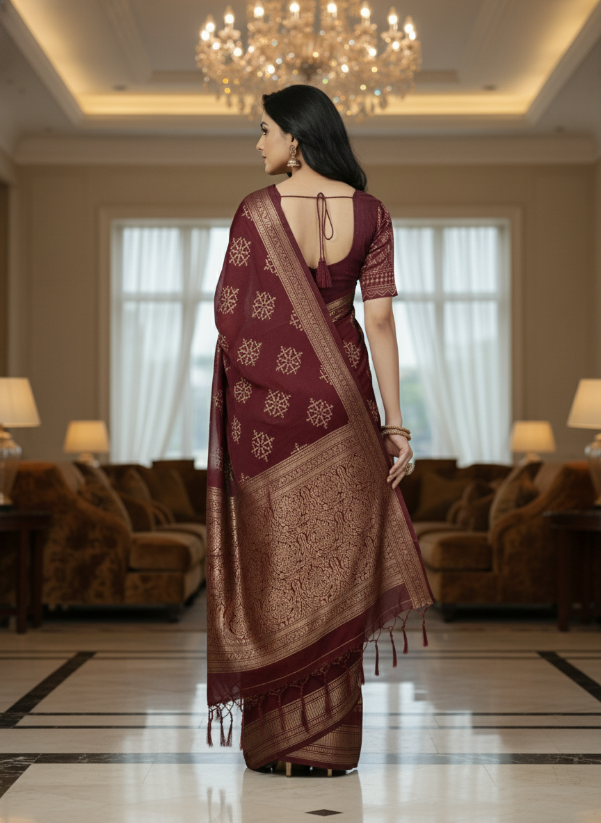 Maroon Floral Printed Chiffon Saree with Border| AS-00103