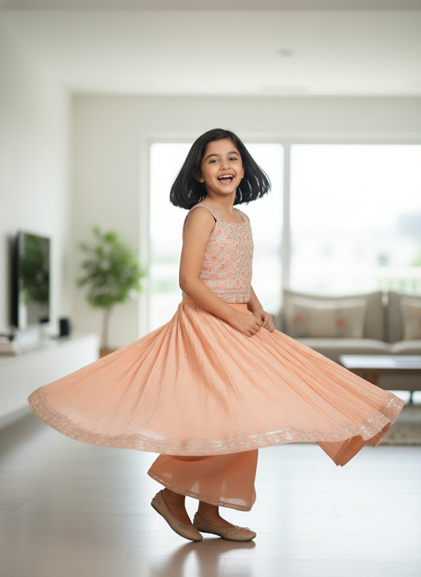 Girls' Designer Peach Lehenga Sets | Festive | 3007