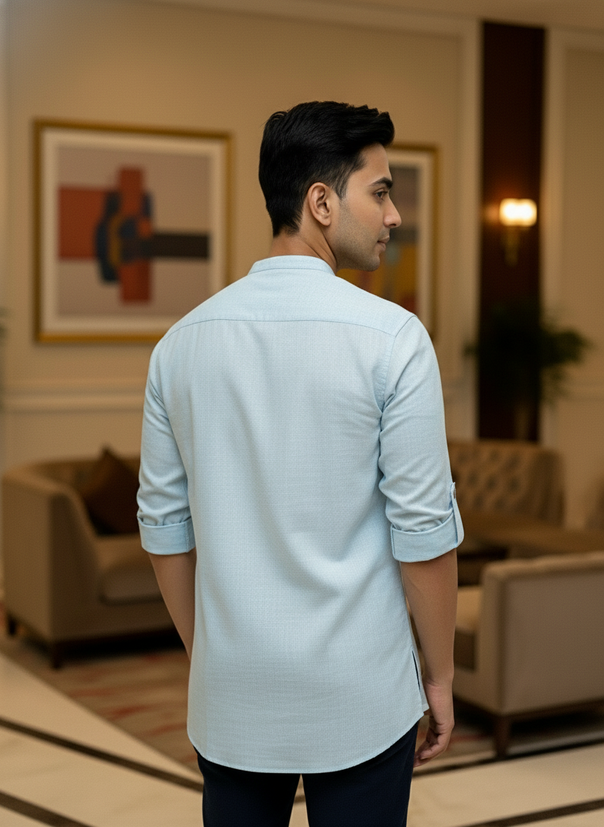 Men's Textured Cotton Short Kurta | Roll-Up Sleeves | 162