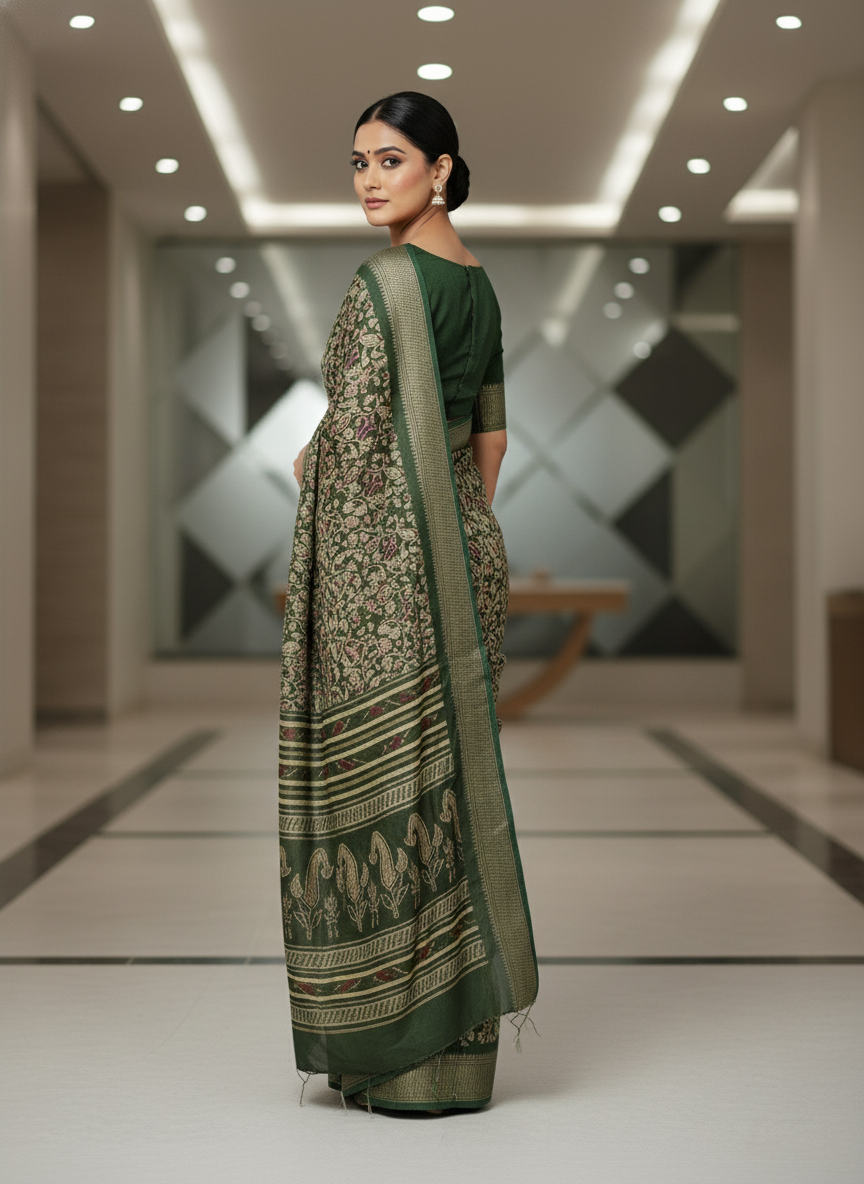 Emerald green Printed Soft chiffon Saree | AS-0099