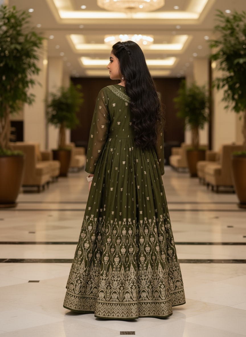 Classic mehandi Embroidered Ethnic Gown For Girls|AS-K10