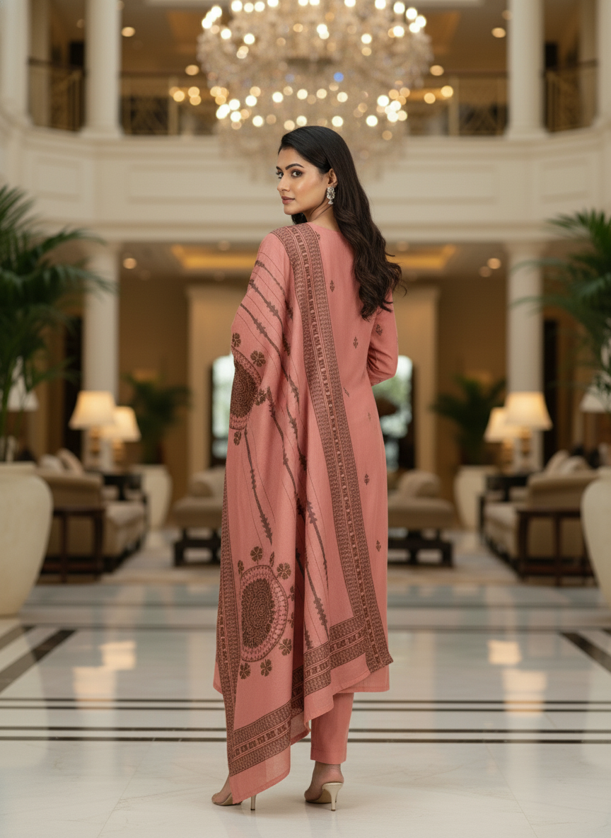 Peach Cotton Printed straight cut kurta with Dupatta| AS-00153
