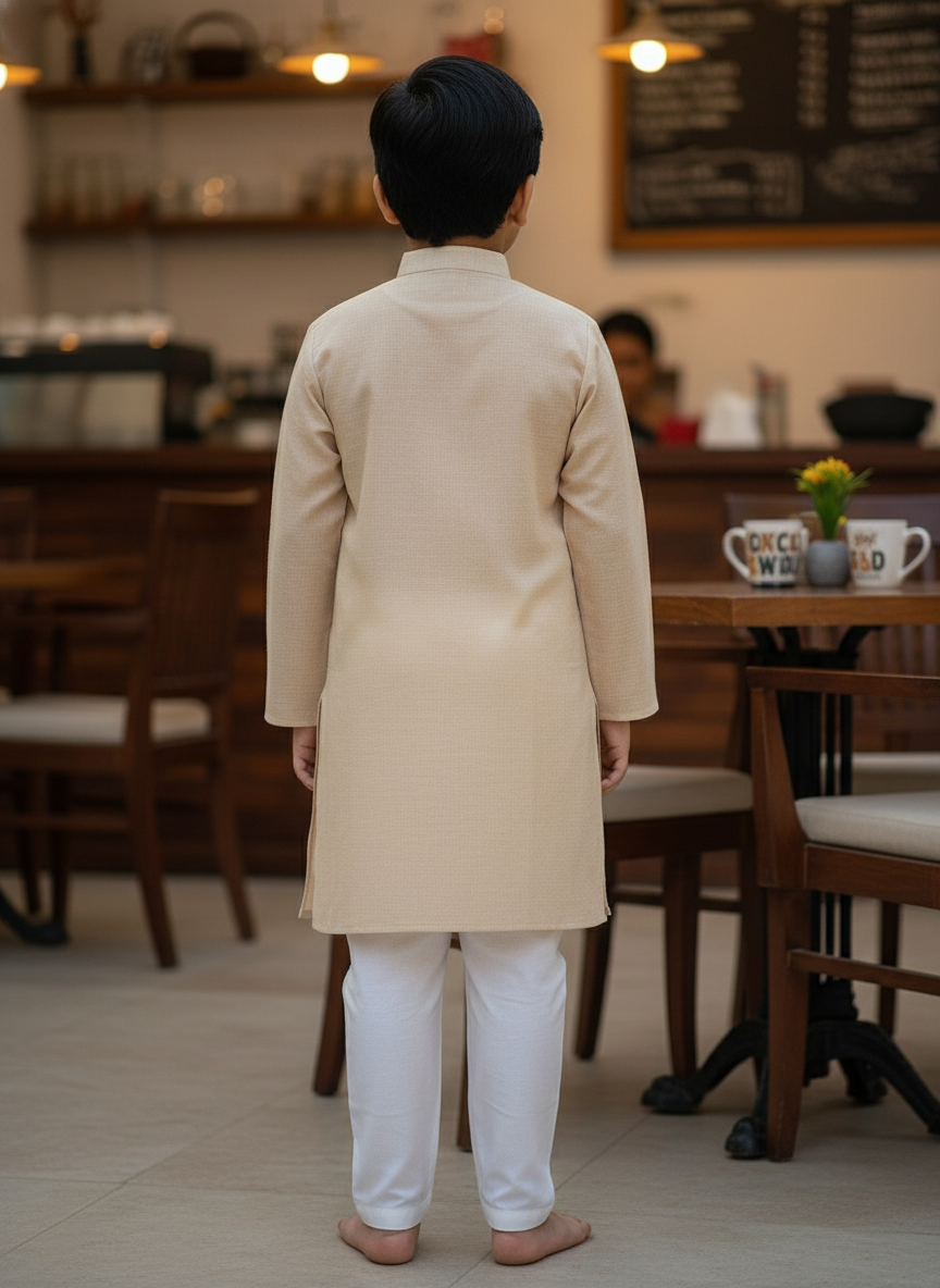 Beige Solid Kurta with white Pajama Set For Boys | AS-K2