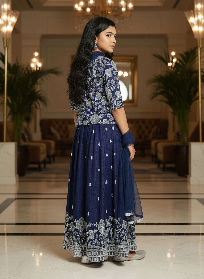 Navy Blue Embroidered Palazzo Set with Dupatta For Girls|AS-K8