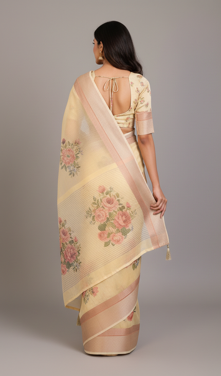 Butter Yellow Designer Organza Tissue Silk Floral Print Saree with Blouse |DS26_1