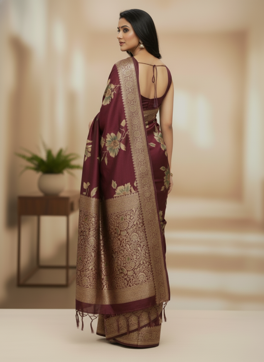 Rani pink  Floral Printed Chiffon Saree with Border| AS-00106
