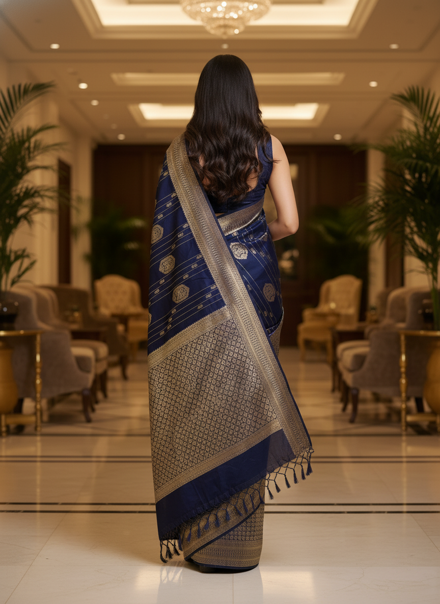 Navy Semi Silk Saree with Woven Border| AS-00247