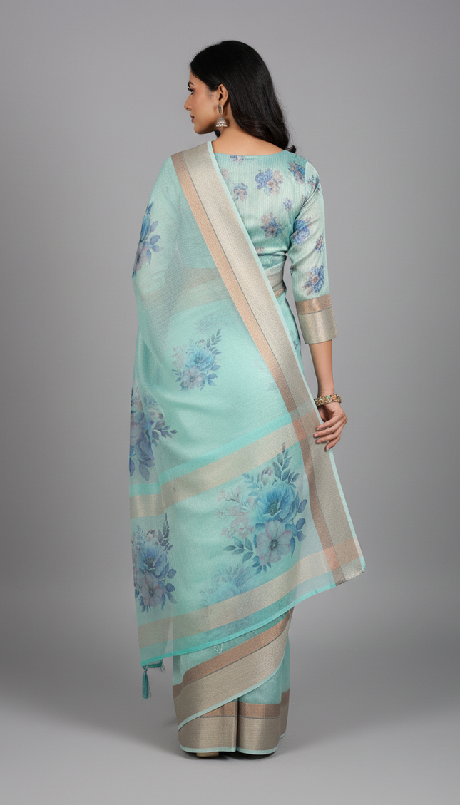 Aqua Blue Designer Organza Tissue Silk Floral Print Saree with Blouse |DS26|