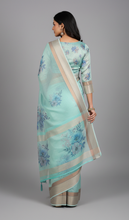 Aqua Blue Designer Organza Tissue Silk Floral Print Saree with Blouse |DS26|