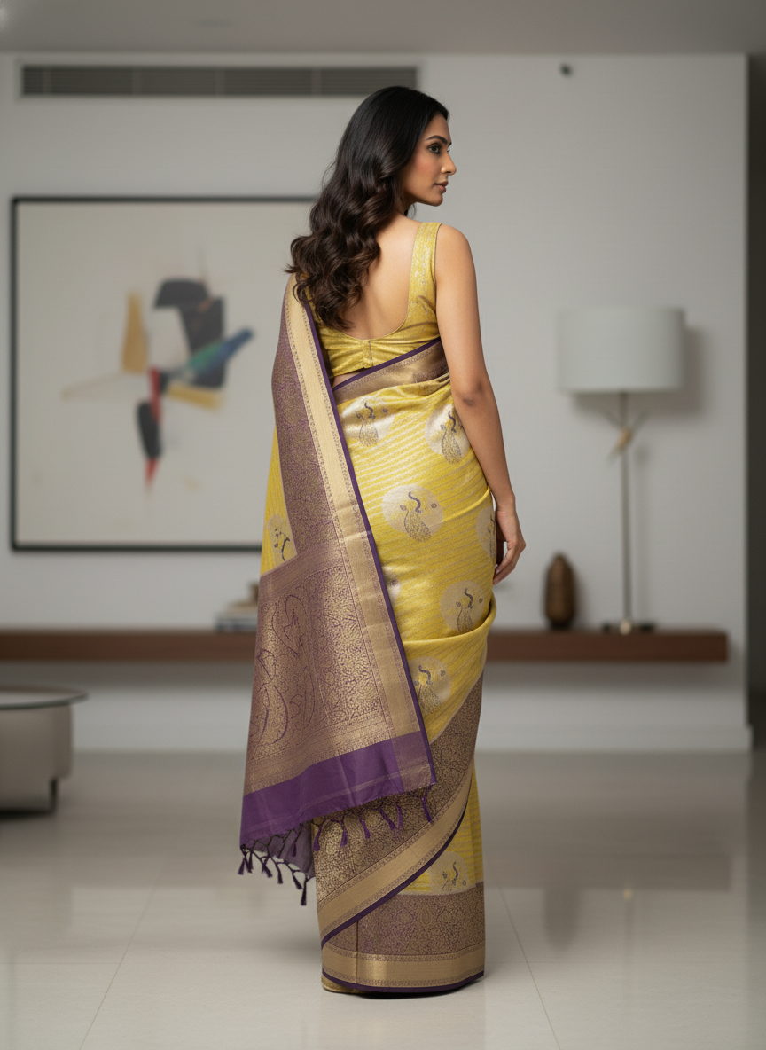 Semi silk Mustard Kanchipuram With Butta Design| AS-00134