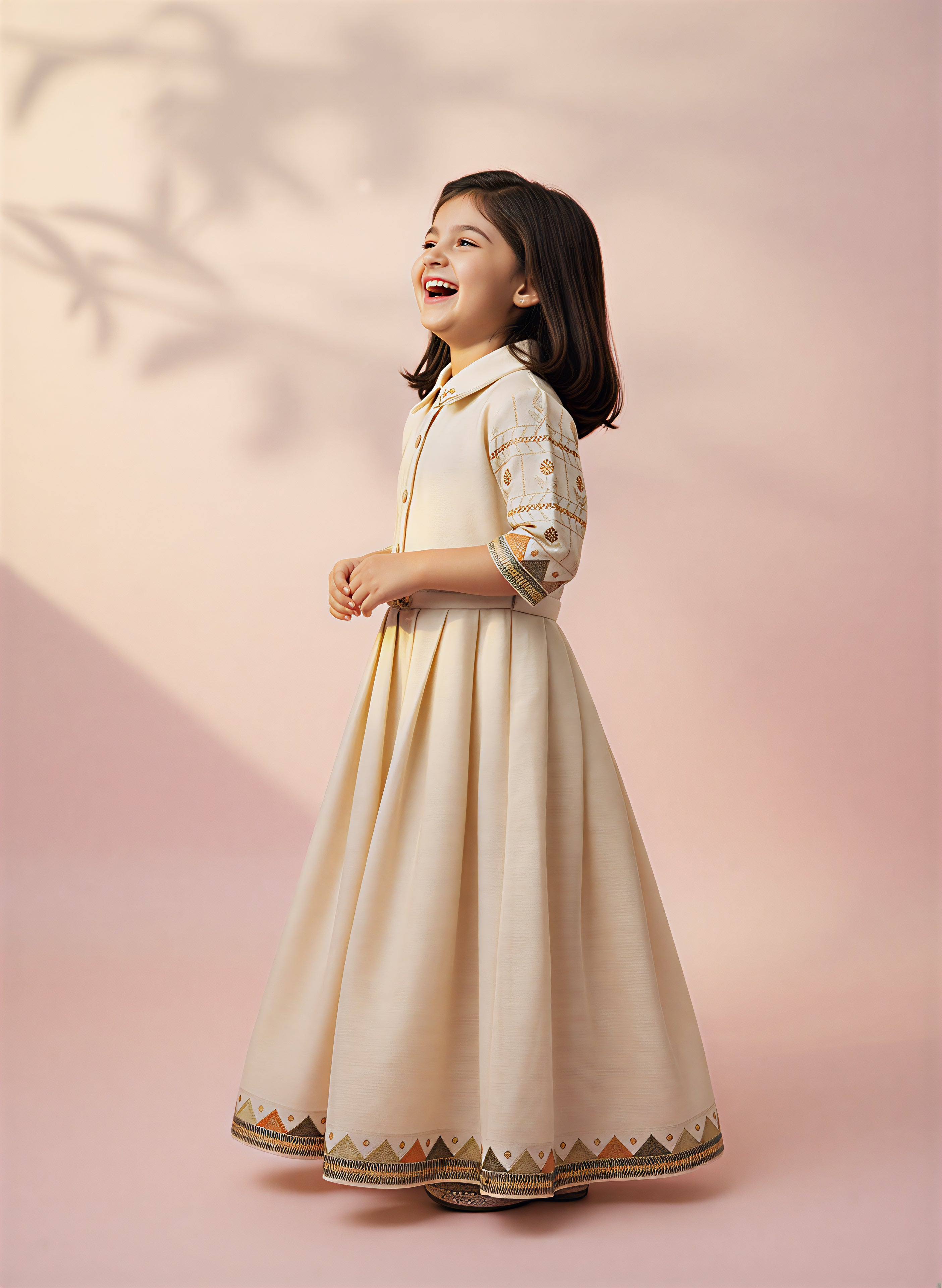 Girls' Silk Blend Embroidered Collared Anarkali Gown with Belt - Ivory/Cream