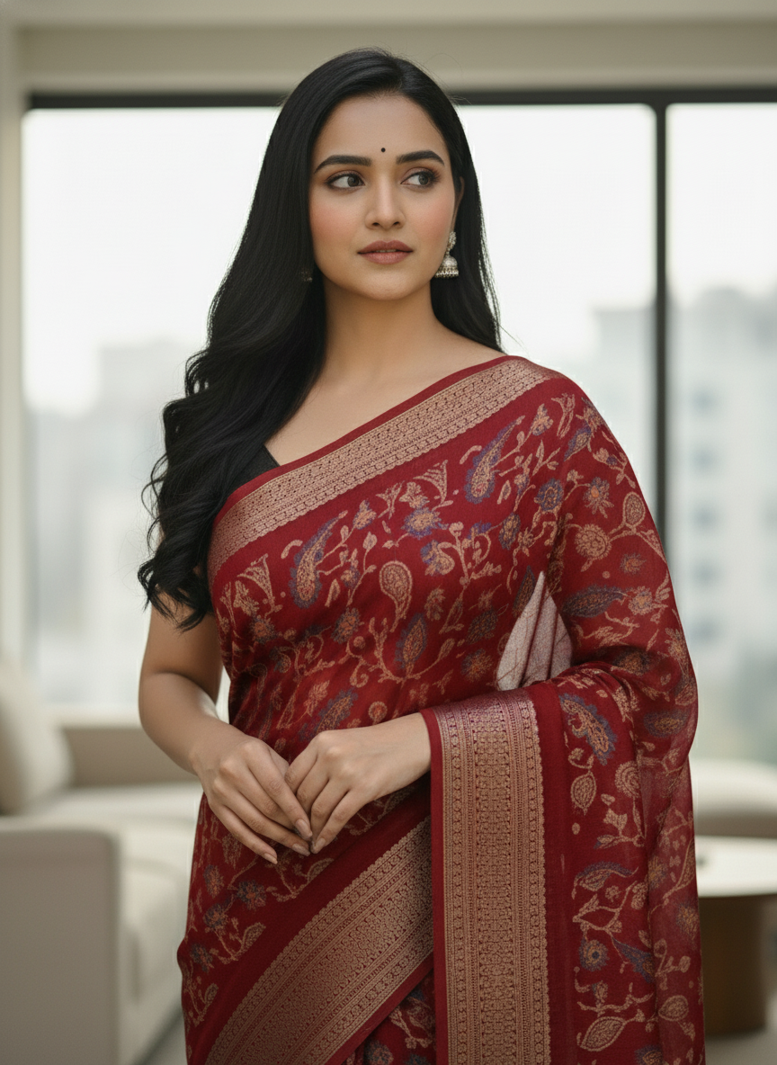 Navy Blue Floral Printed Chiffon Saree with Border| AS-00105