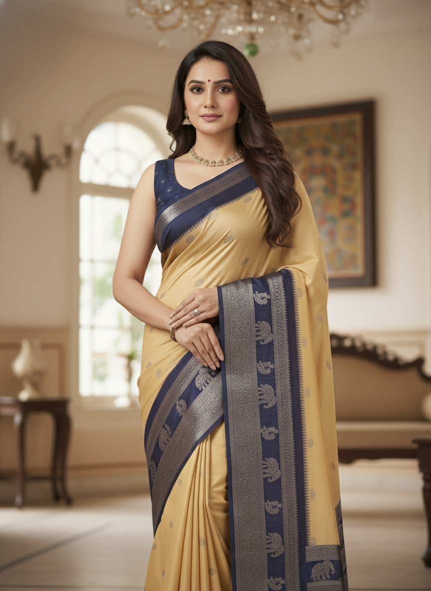 Emerald cream Printed Soft chiffon Saree | AS-0094