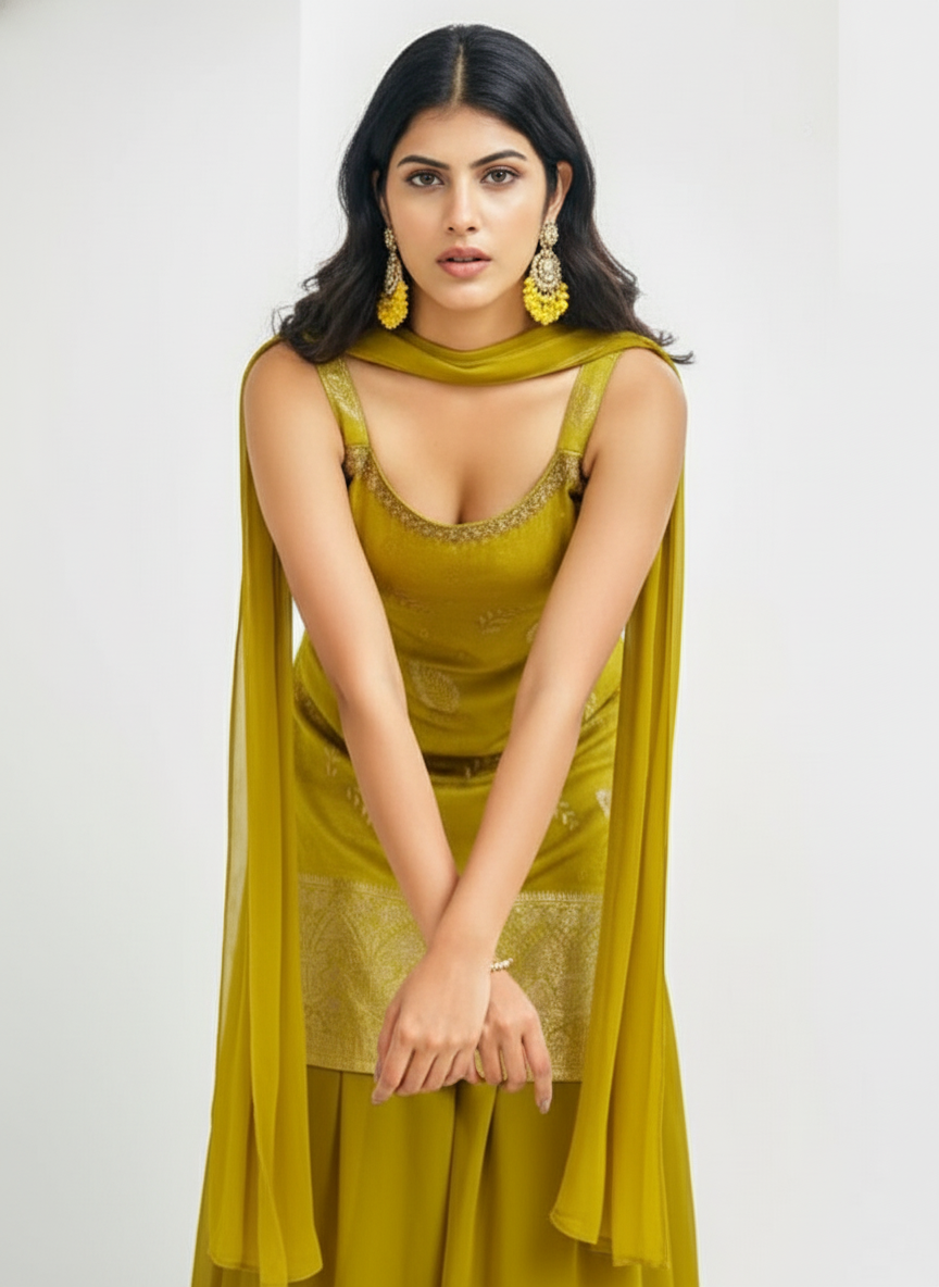 Anu Resham Mustard Palazzo Suit with Dupatta