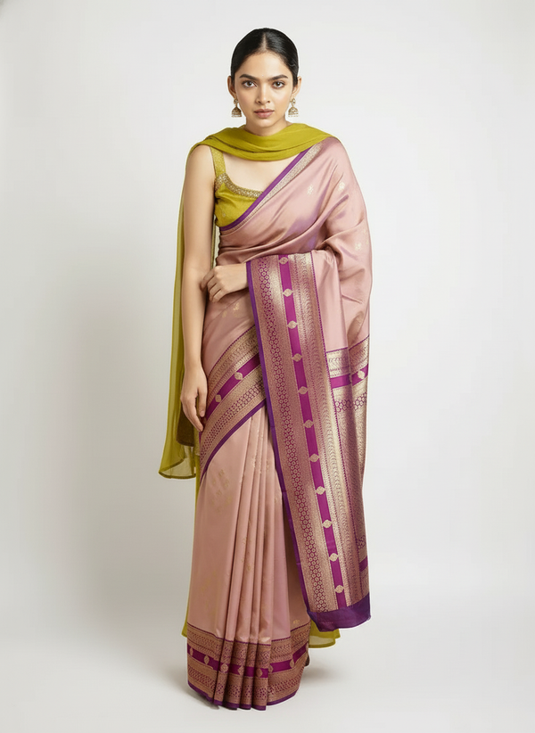 Pastel Onion Pink Color Art Silk Saree With Small Golden Buttas Over Body