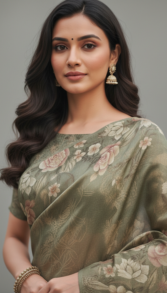 Sage Green Designer Organza Tissue Silk Saree with Floral Print & Blouse |DS25