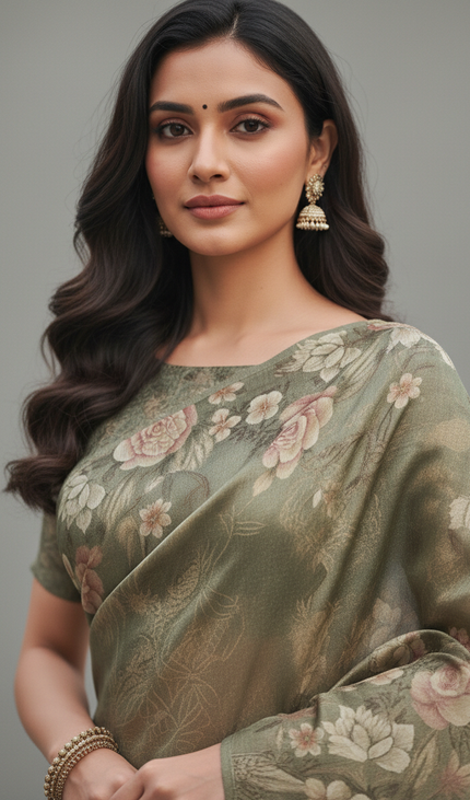 Sage Green Designer Organza Tissue Silk Saree with Floral Print & Blouse |DS25