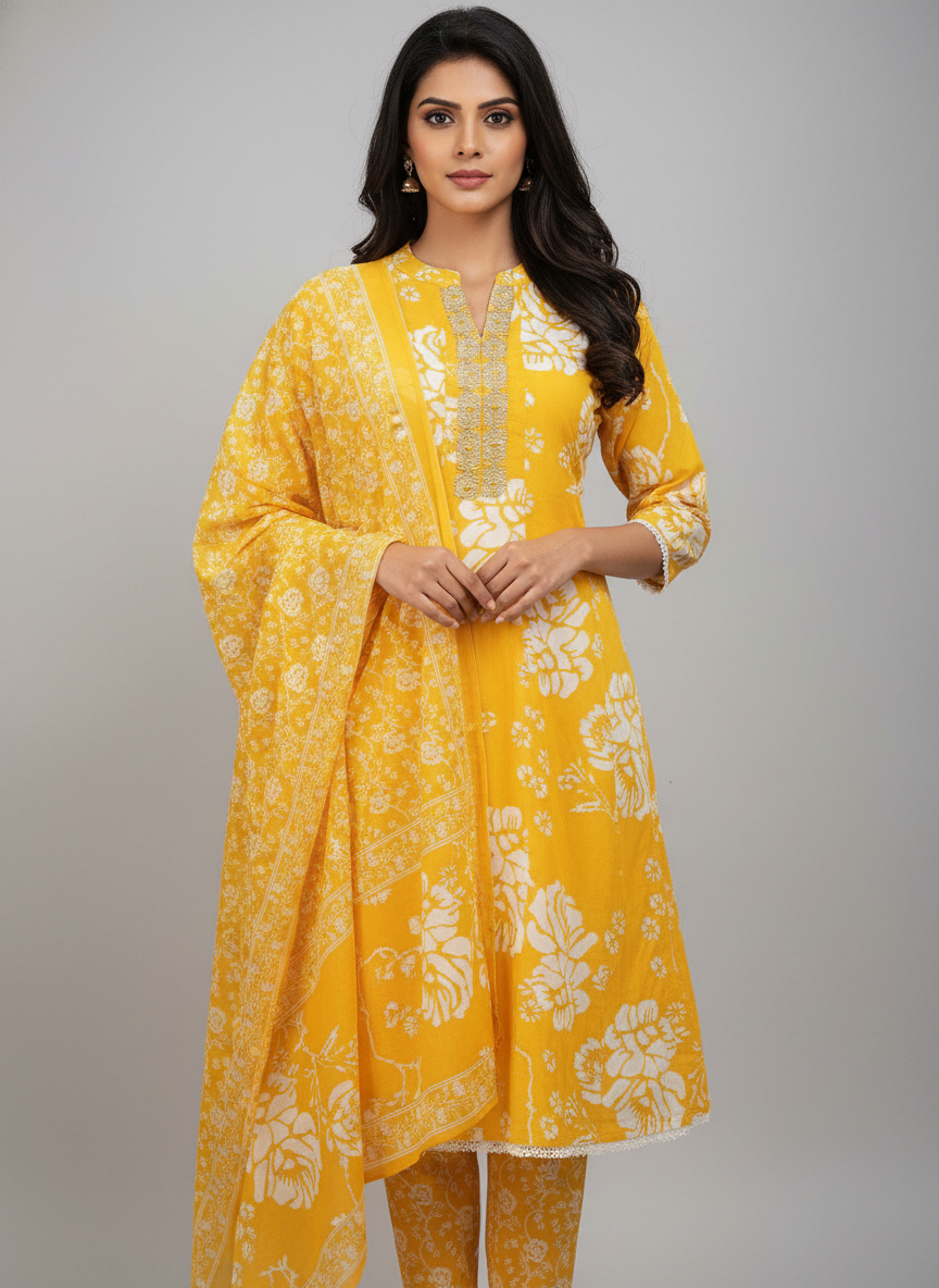 Yellow Cotton Printed straight cut kurta with Dupatta| AS-00157