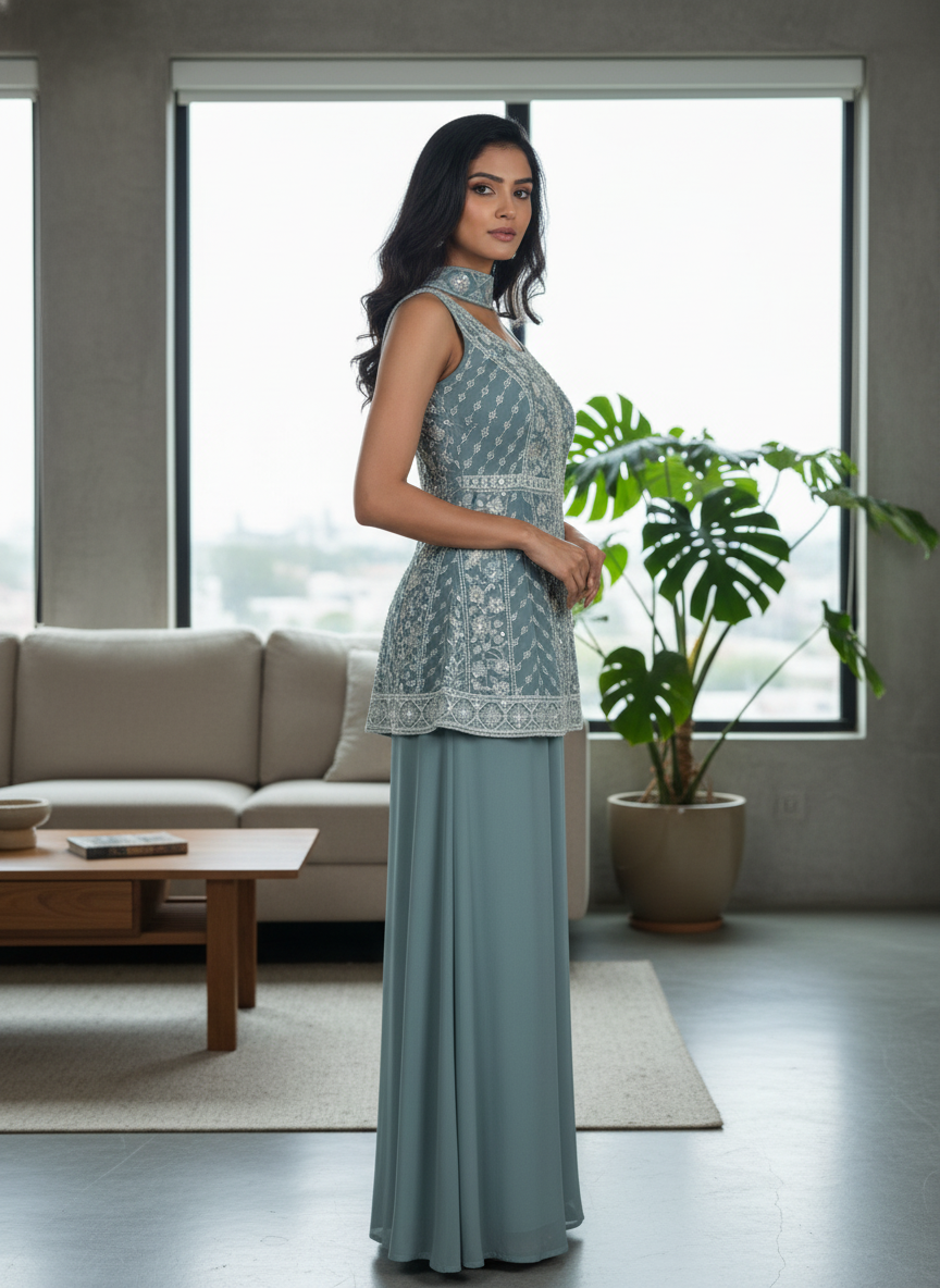 Light Blue silk Palazzo Set With Dupatta| AS-00256