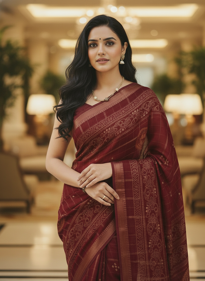 Maroon Floral Printed Chiffon Saree with Border| AS-00102