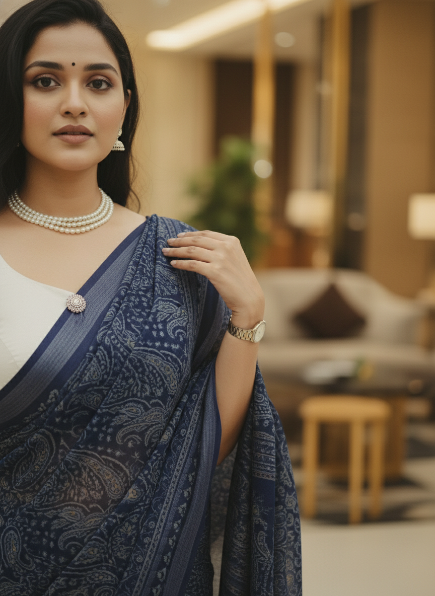 Black Floral Printed Chiffon Saree with Border| AS-00104