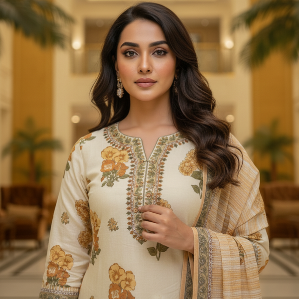 Cream Cotton Printed Salwar Suit with Dupatta| AS-00175