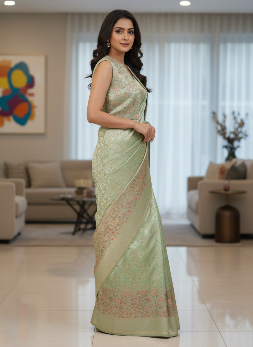 Pista Kanchipuram Silk Saree With Butta Design| AS-00146