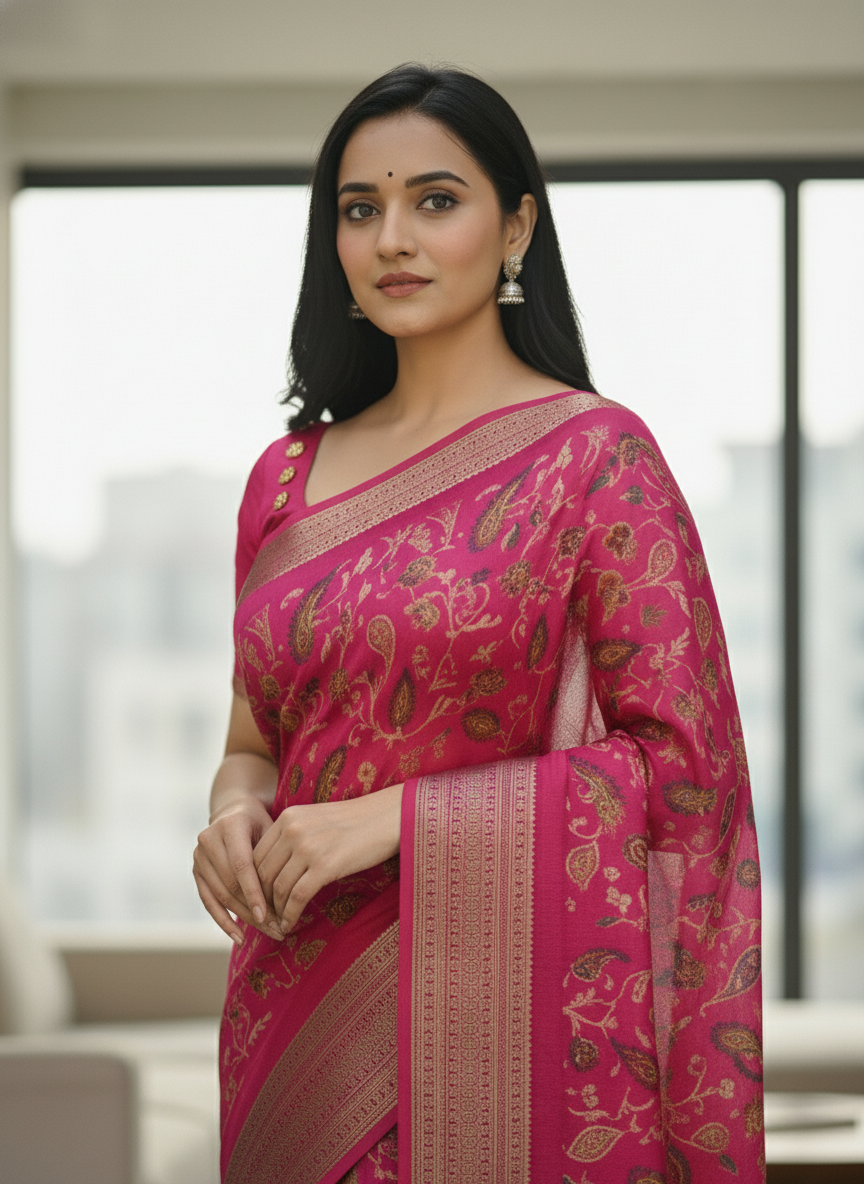 Navy Blue Floral Printed Chiffon Saree with Border| AS-00105