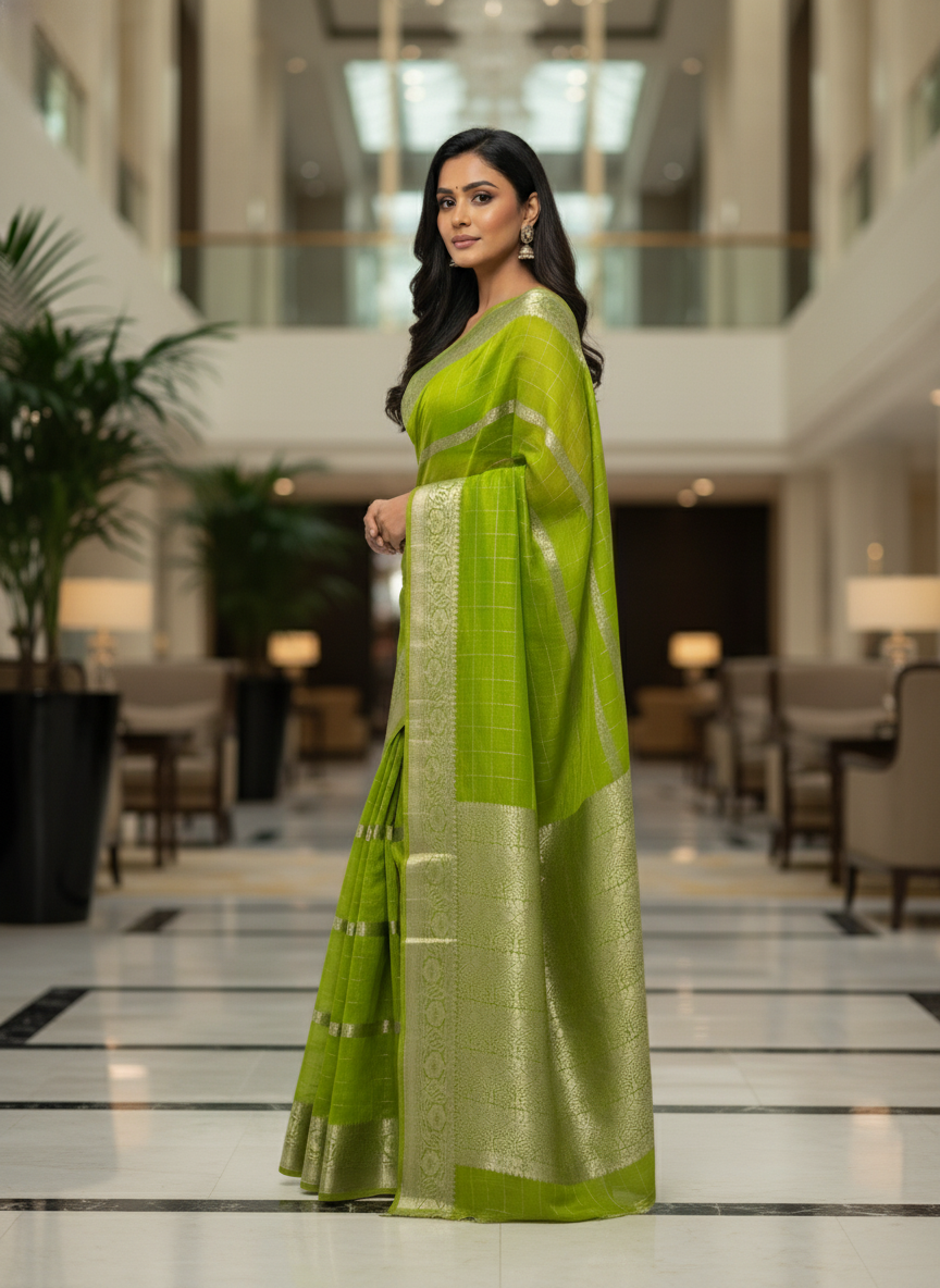 Parrot green  Silk Saree with Woven Border| AS-00242