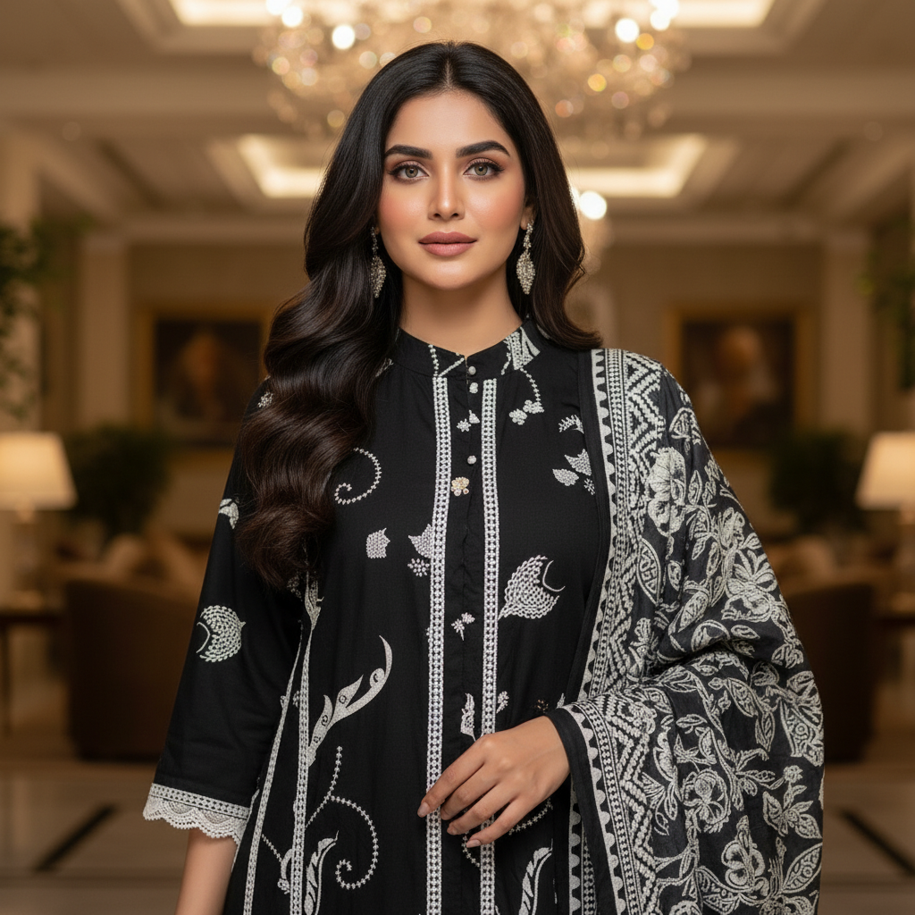 Black Cotton Printed Salwar Suit with Dupatta| AS-00176