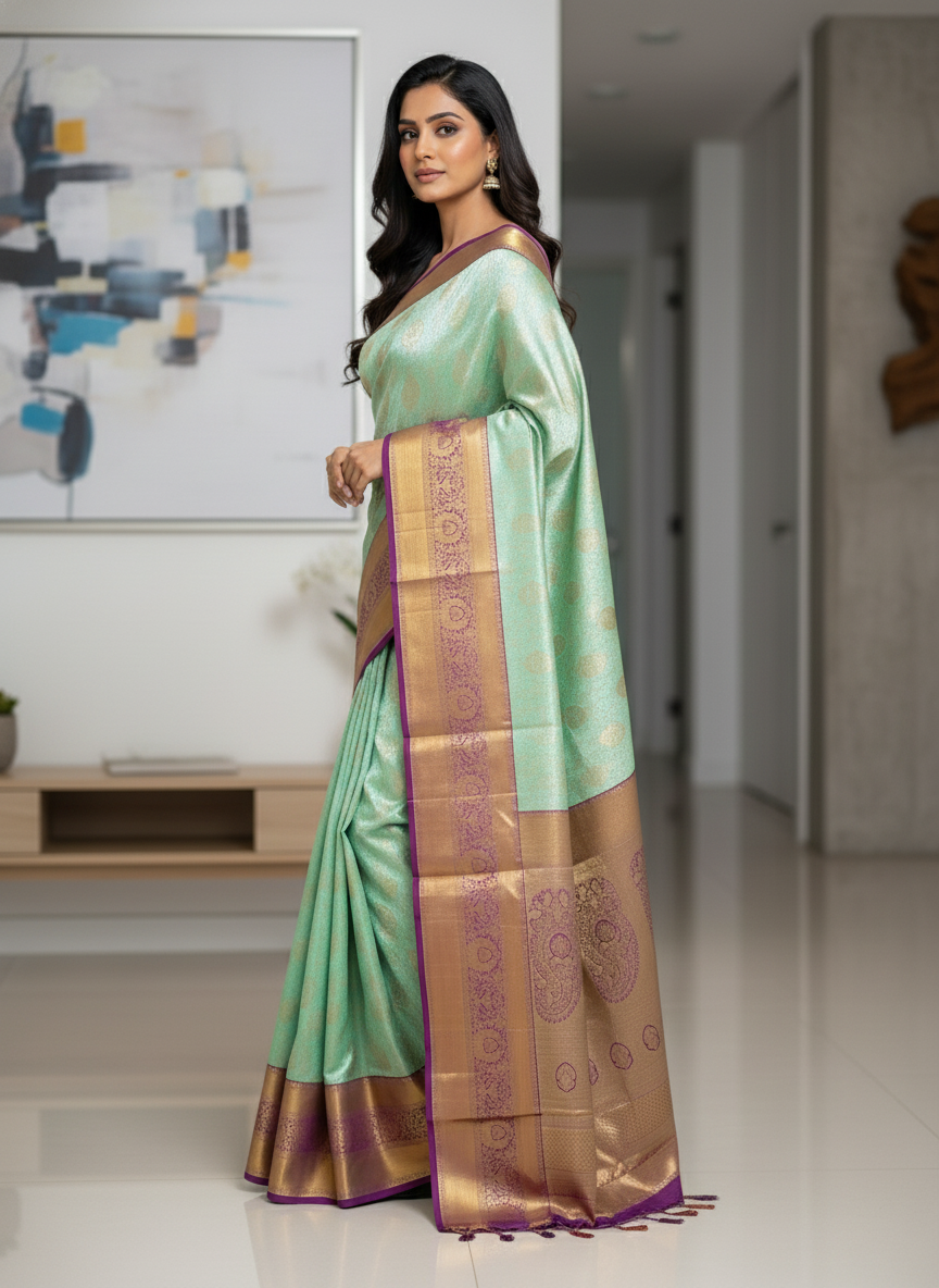 Green Kanchipuram Silk Saree With Butta Design| AS-00144