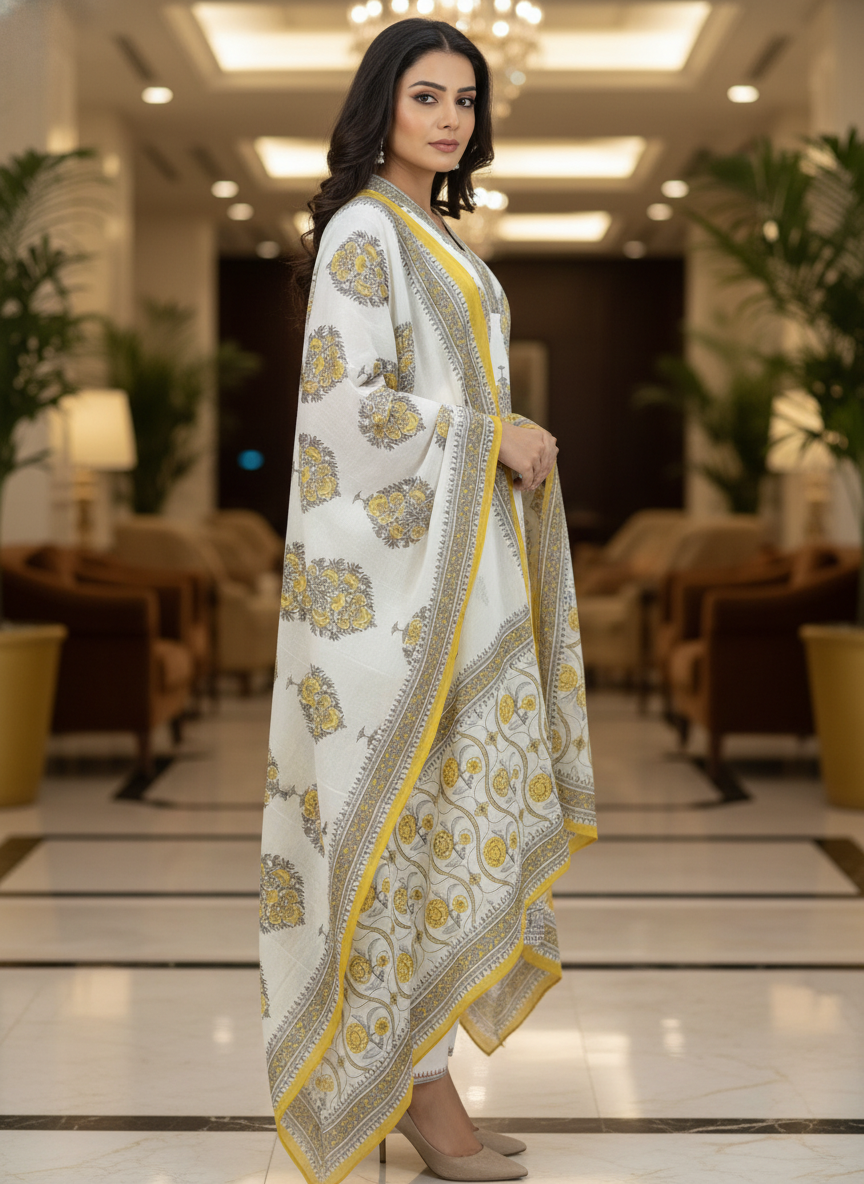 White Cotton Printed kurta set with Dupatta| AS-00158