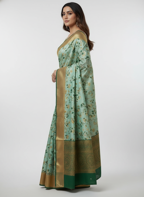 Light Aqua Green Color Silver Check Designed Art Silk Saree With Peacock Blue Border