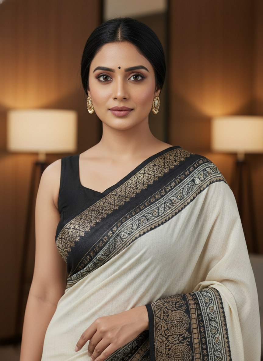 Emerald black border Printed Soft chiffon Saree | AS-0092