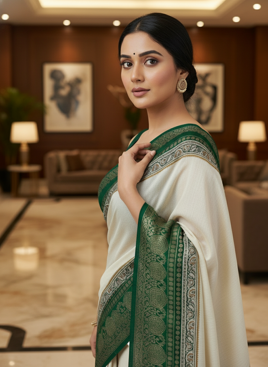 Emerald black border Printed Soft chiffon Saree | AS-0092