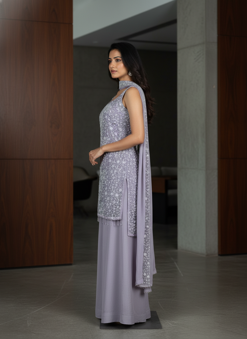 Lavender  silk Palazzo Set With Dupatta| AS-00258