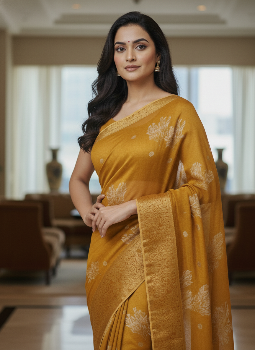 Blue  Floral Printed Chiffon Saree with Border| AS-00101