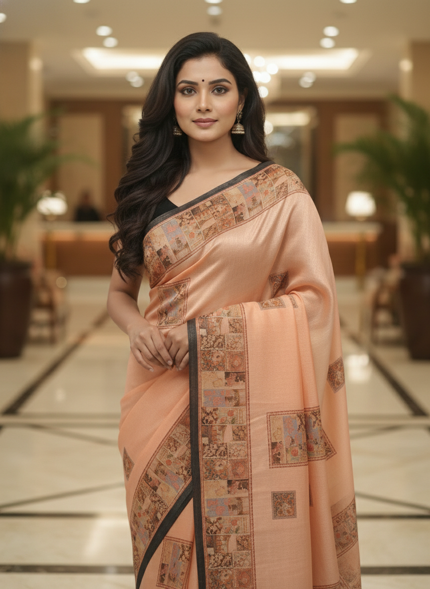Peach Multicolor Saree with Pattern Print | AS-00113