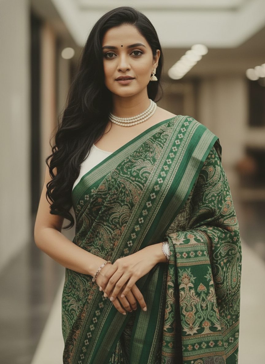 Black Floral Printed Chiffon Saree with Border| AS-00104