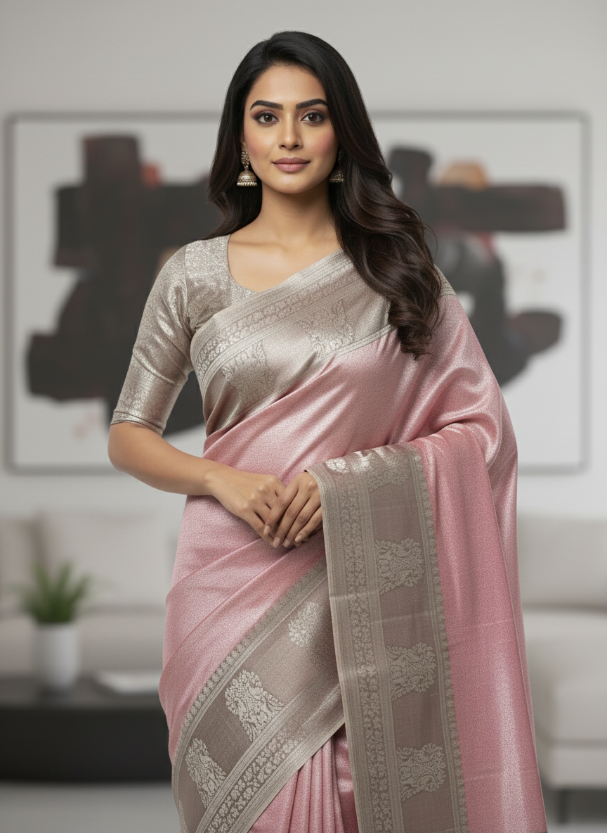 Semi silk Pink  Kanchipuram With Butta Design| AS-00136