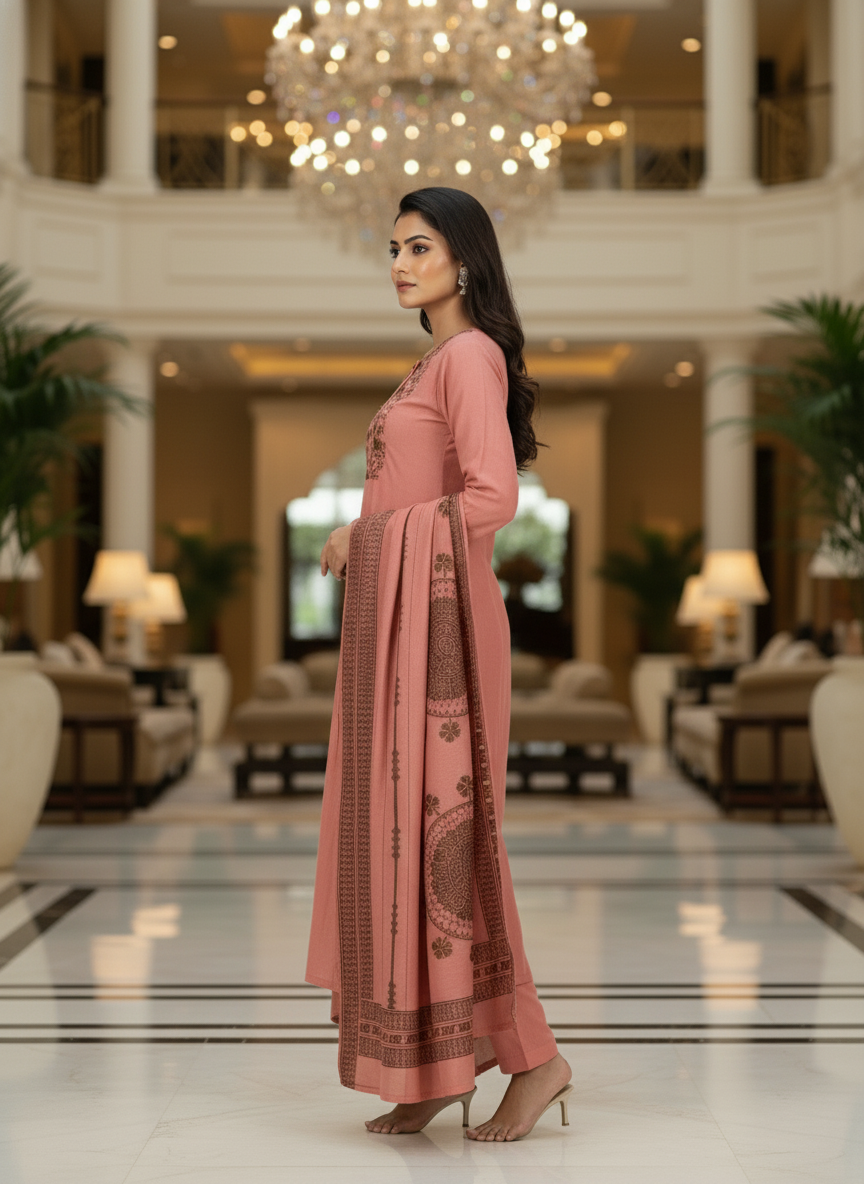 Peach Cotton Printed straight cut kurta with Dupatta| AS-00153