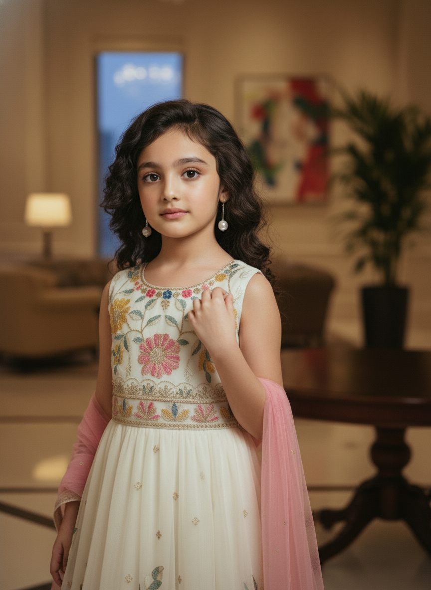 Girls' Cream Floral Anarkali Gown | 3009