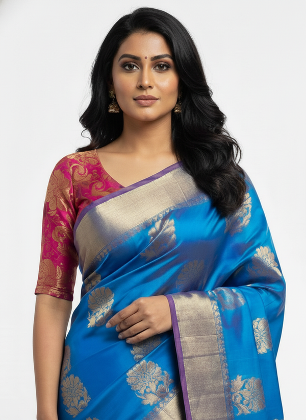 Blue Silk Saree in  with Zari Border|AS-0059