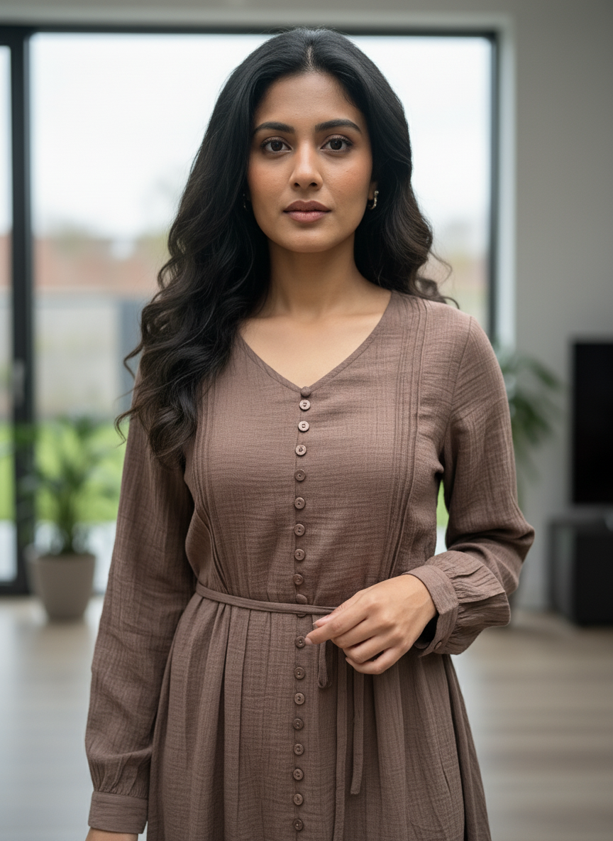 Women's Mauve Textured Button-Down Midi Dress| AS-00154