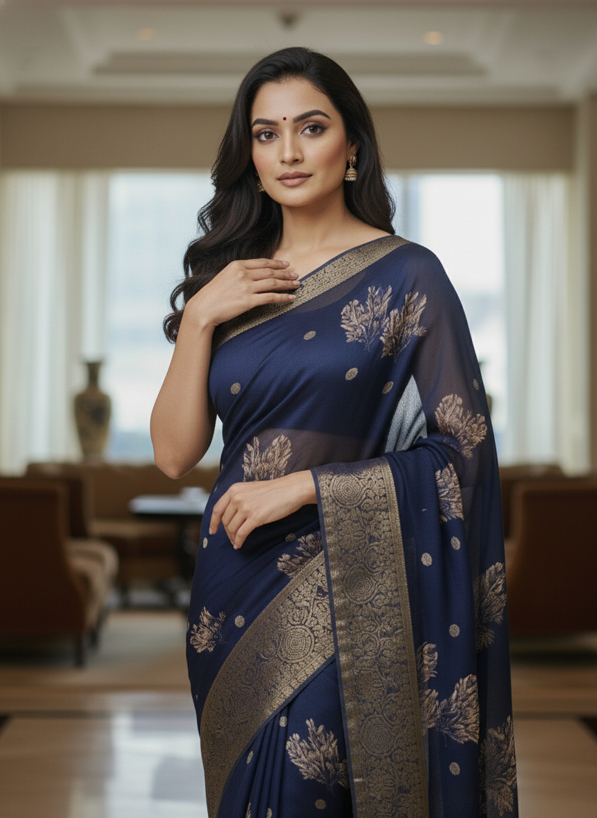 Blue  Floral Printed Chiffon Saree with Border| AS-00101