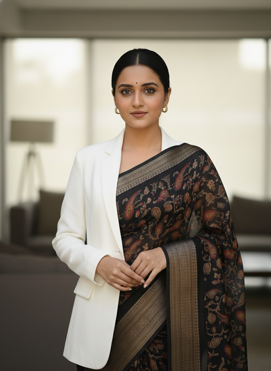 Navy Blue Floral Printed Chiffon Saree with Border| AS-00105