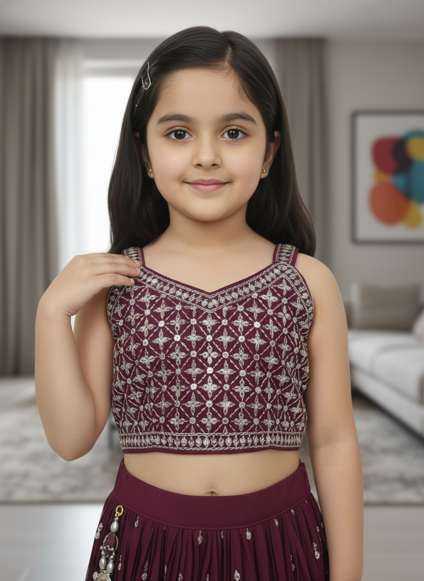 Girls' Maroon Embroidered Lehenga Set| 3006