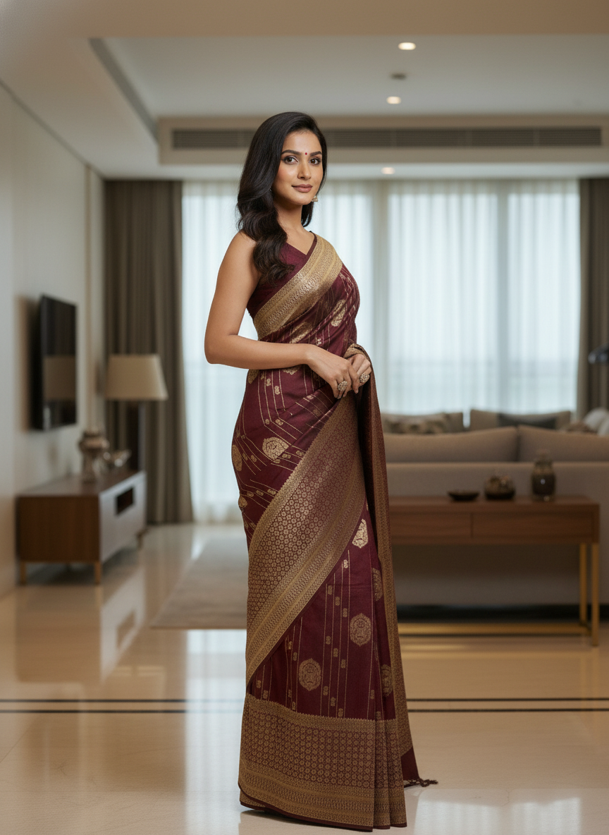 Navy Semi Silk Saree with Woven Border| AS-00247